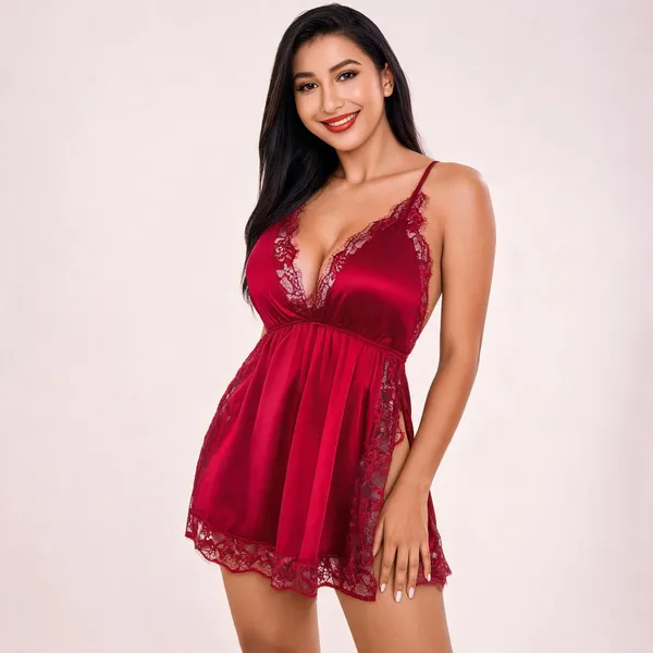 Maroon_Satin_Lace_Panel_V-Neck_Babydoll_For_Women