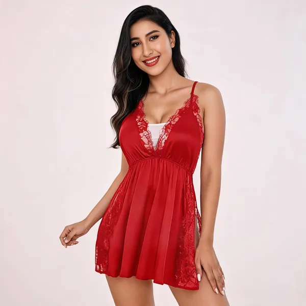 Red_Satin_Lace_Panel_V-Neck_Babydoll_For_Women