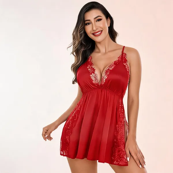 Red_Satin_Lace_Panel_V-Neck_Babydoll_For_Women