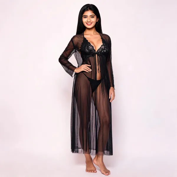 Black_Net_Lace_Robe_And_Lingerie_Set_For_Women