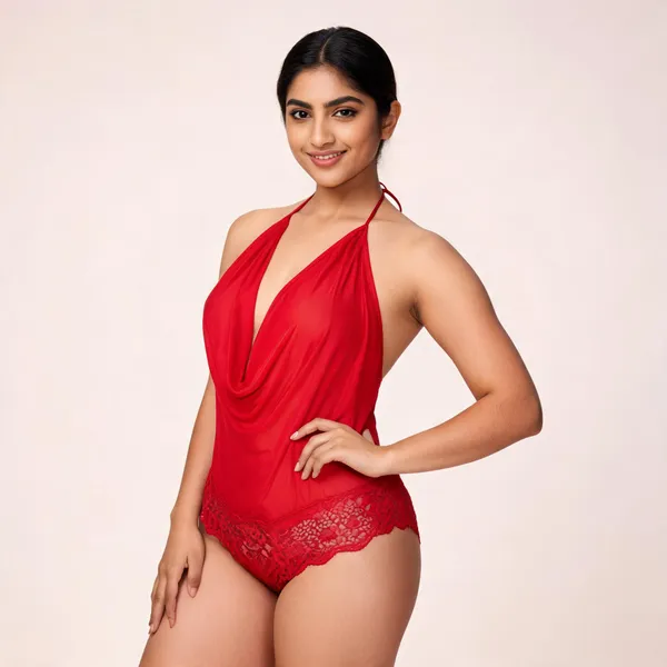 Red_Satin_Halter_Neck_Lace_Trim_Babydoll_For_Women