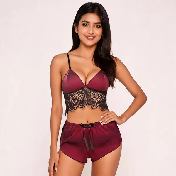 Maroon_Satin_Lace_Deep_V-Neck_Night_Suit_Set_For_Women