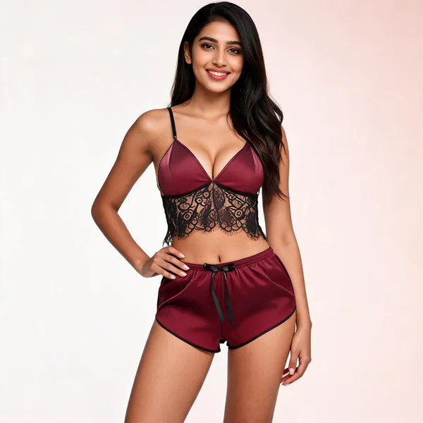 Maroon_Satin_Lace_Deep_V-Neck_Night_Suit_Set_For_Women