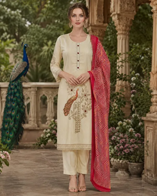 Cream_And_Red_Dantean_Printed_Dantean_Kurta_Set_For_Women