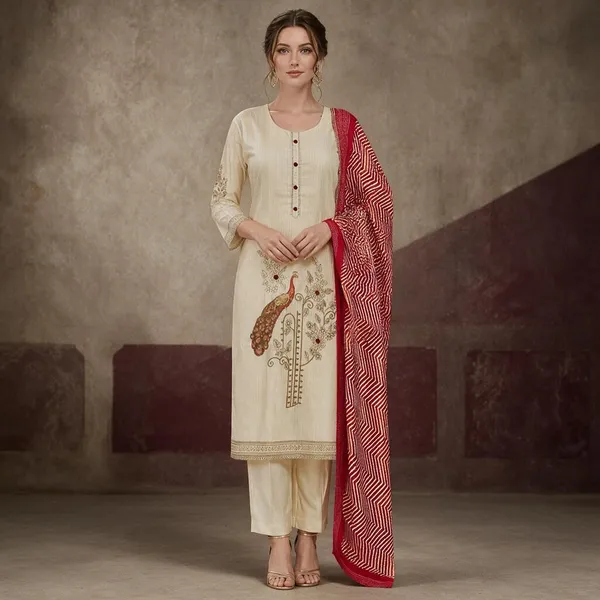 Cream_And_Red_Dantean_Printed_Dantean_Kurta_Set_For_Women
