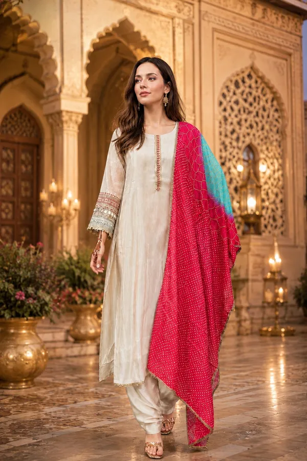 White_And_Pink_Shimmer_Printed_Shimmer_Kurta_Set_For_Women