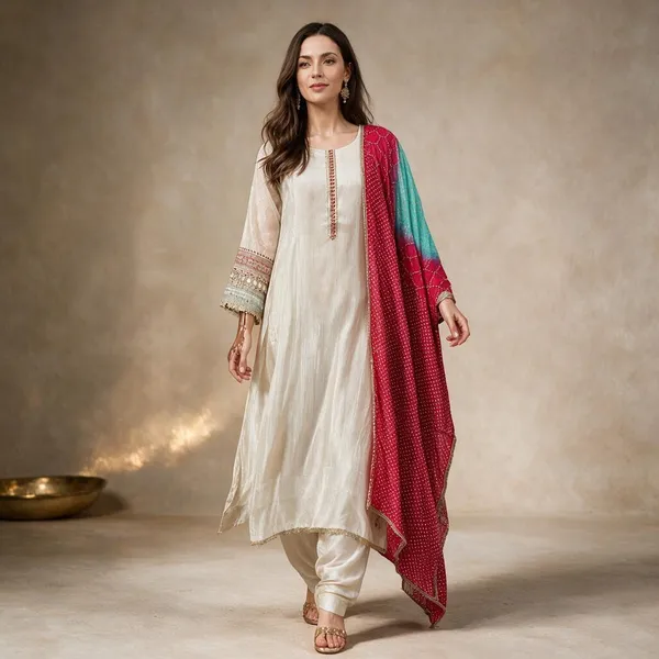 White_And_Pink_Shimmer_Printed_Shimmer_Kurta_Set_For_Women