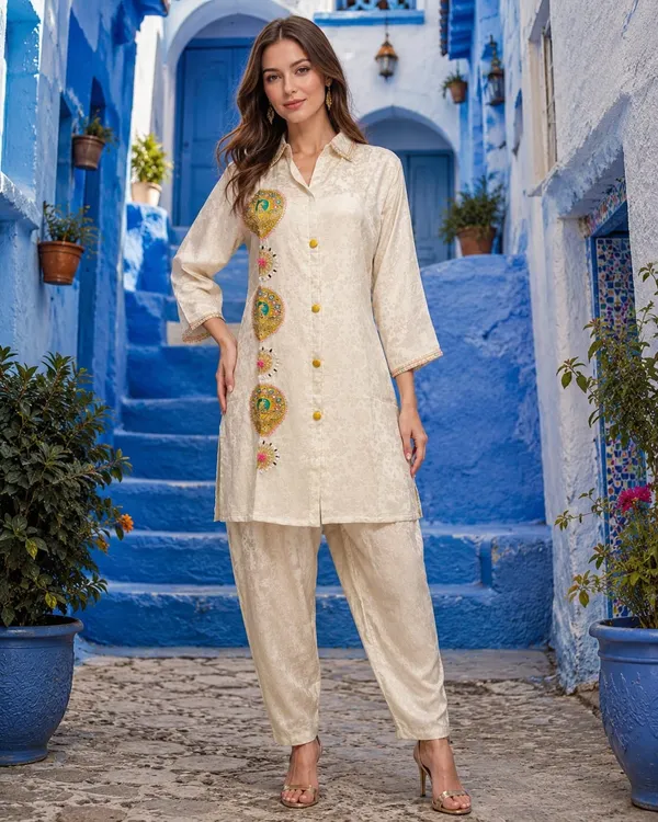 Off_White_And_Blue_Jacquard_Printed_Jacquard_Kurta_Set_For_Women