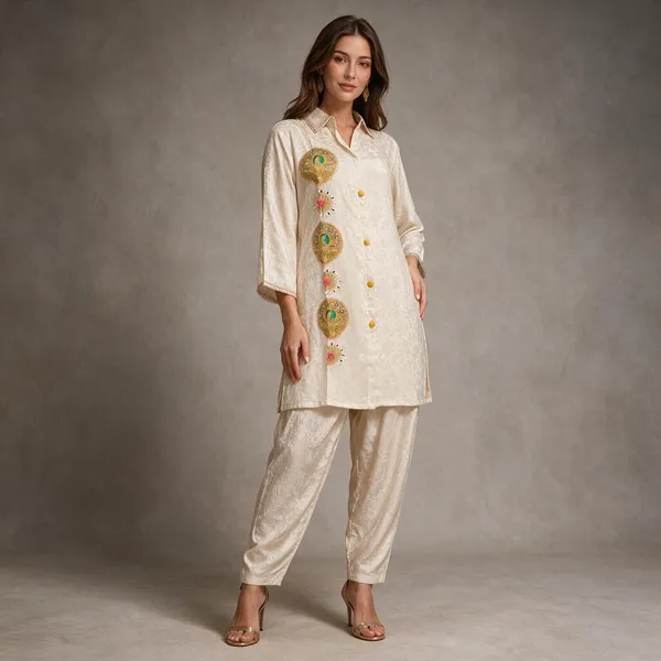Off_White_And_Blue_Jacquard_Printed_Jacquard_Kurta_Set_For_Women