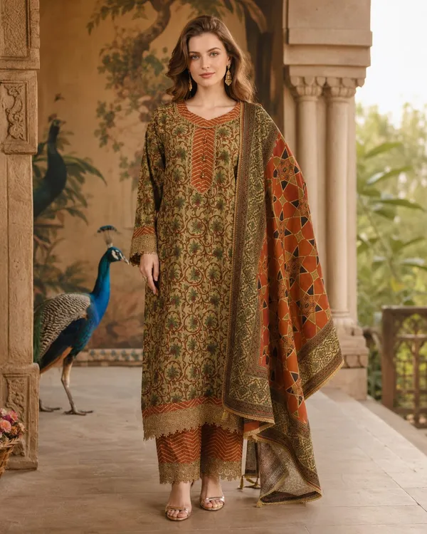 Olive_Green_And_Rust_Cotton_Printed_Cotton_Kurta_Set_For_Women