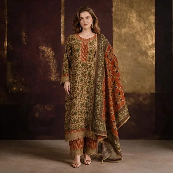 Olive_Green_And_Rust_Cotton_Printed_Cotton_Kurta_Set_For_Women