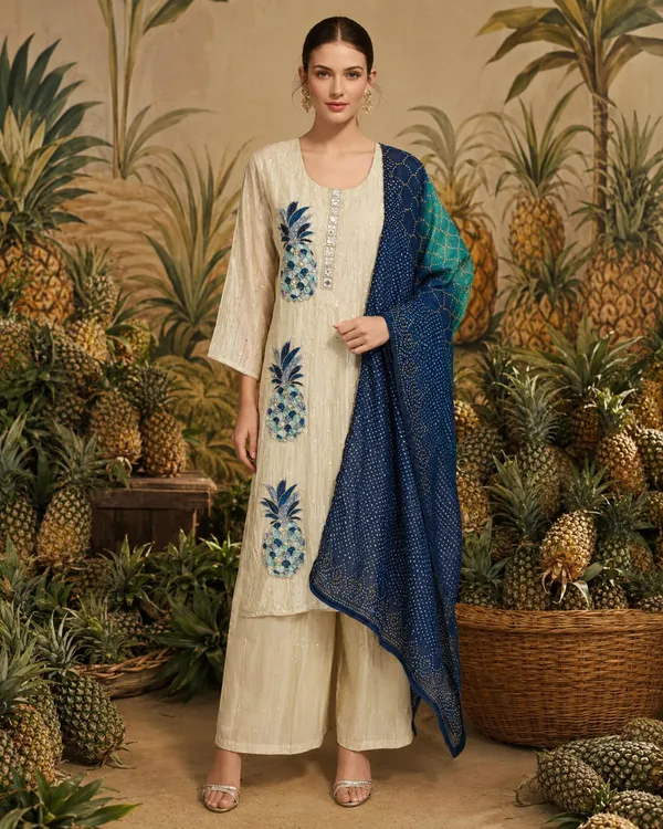Beige_And_Teal_Shimmer_Printed_Shimmer_Kurta_Set_For_Women