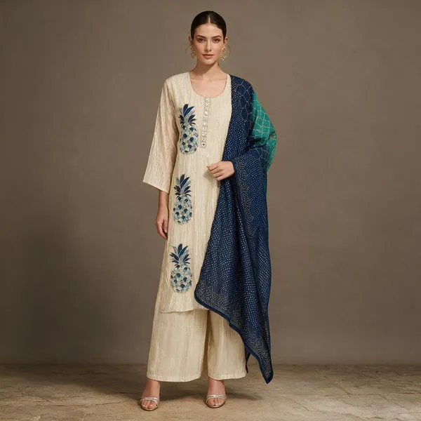 Beige_And_Teal_Shimmer_Printed_Shimmer_Kurta_Set_For_Women