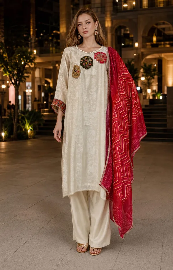 Off_White_And_Red_Jacquard_Printed_Jacquard_Kurta_Set_For_Women