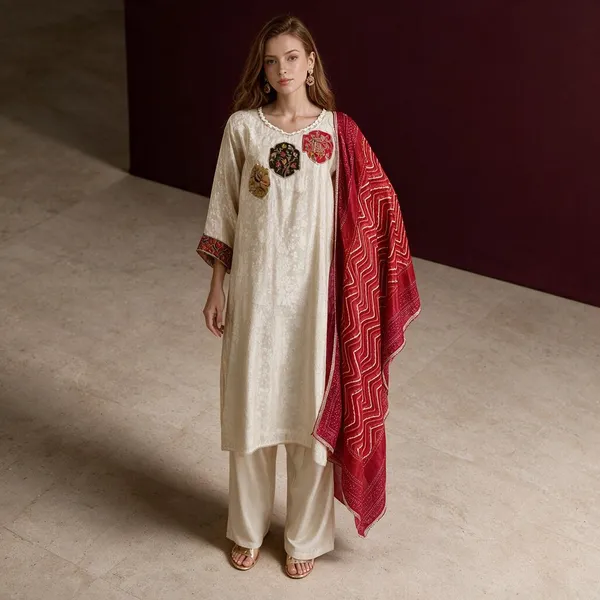 Off_White_And_Red_Jacquard_Printed_Jacquard_Kurta_Set_For_Women