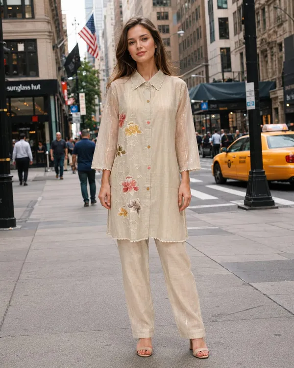 Beige_Jamdani_Printed_Jamdani_Kurta_For_Women