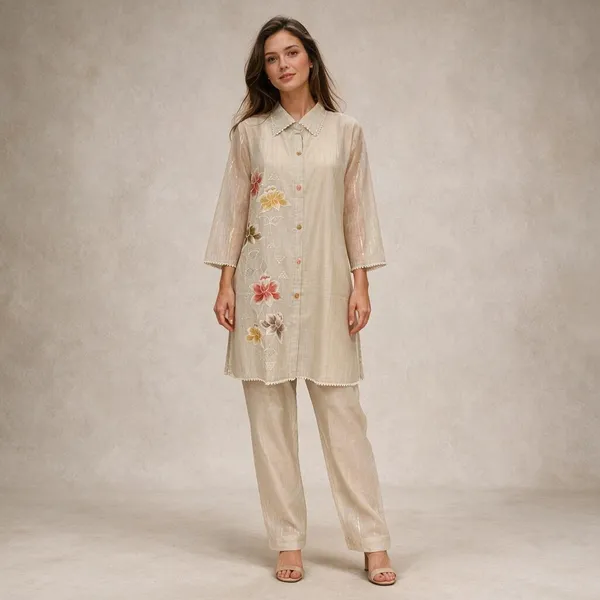 Beige_Jamdani_Printed_Jamdani_Kurta_For_Women