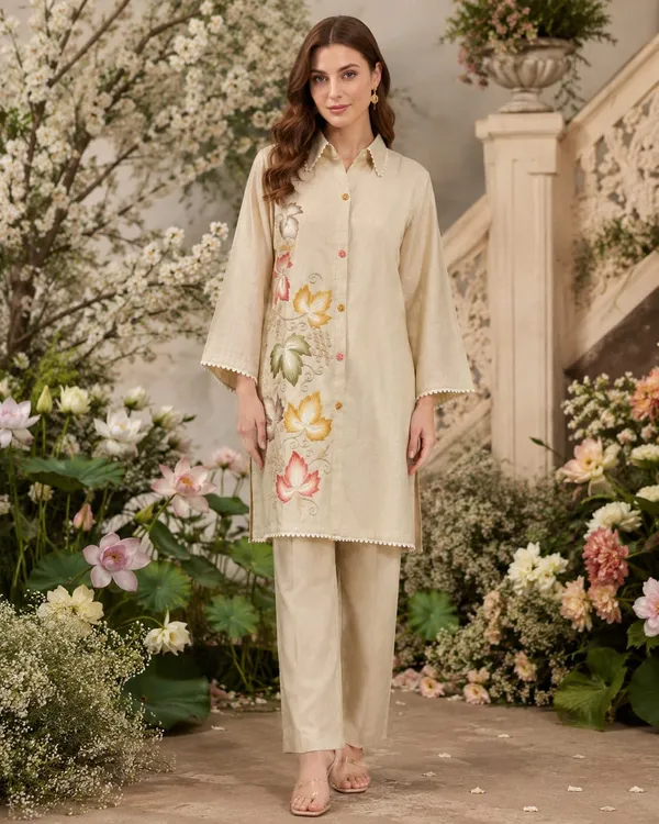 Cream_Jamdani_Printed_Jamdani_Kurta_For_Women