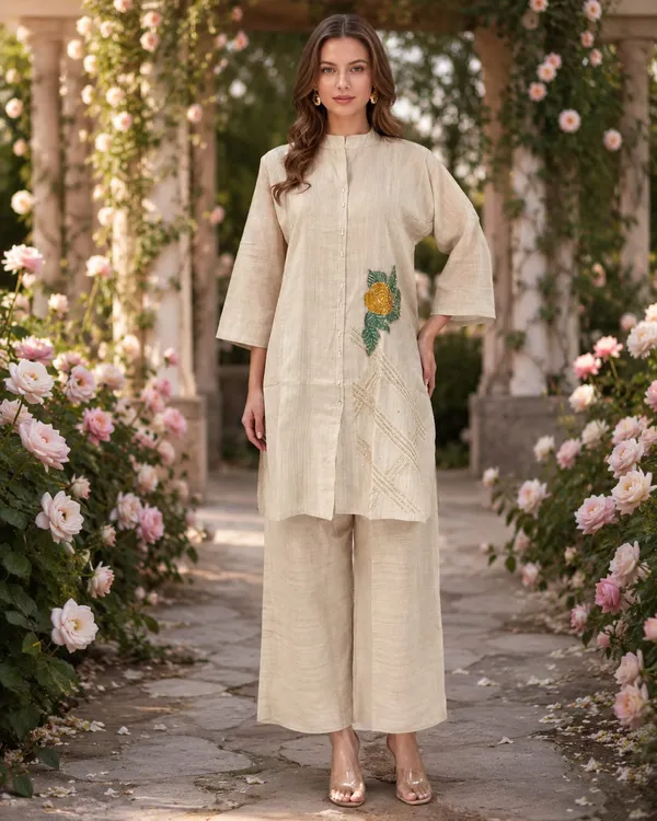 Cream_Jamdani_Jamdani_Kurta_For_Women