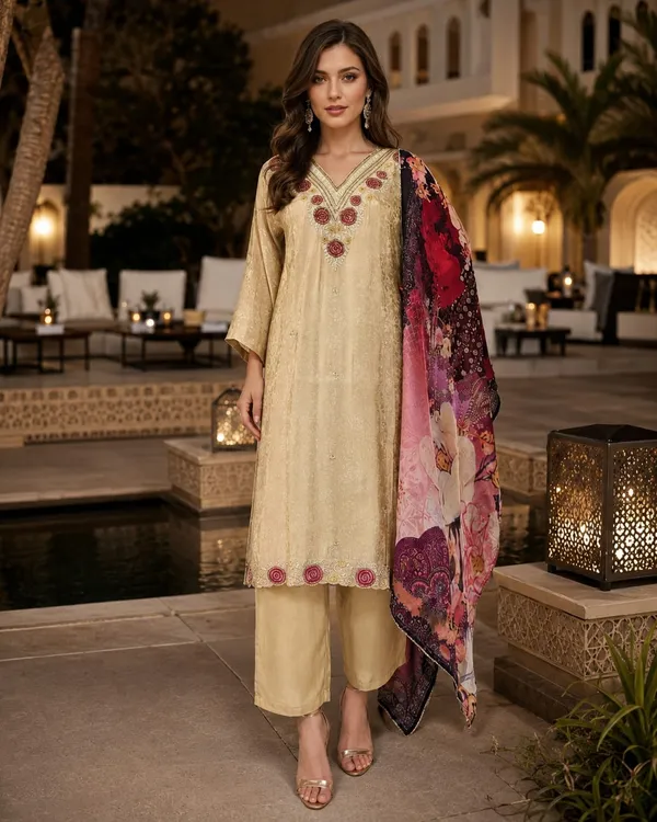 Cream_And_Pink_Jacquard_Jacquard_Kurta_Set_For_Women