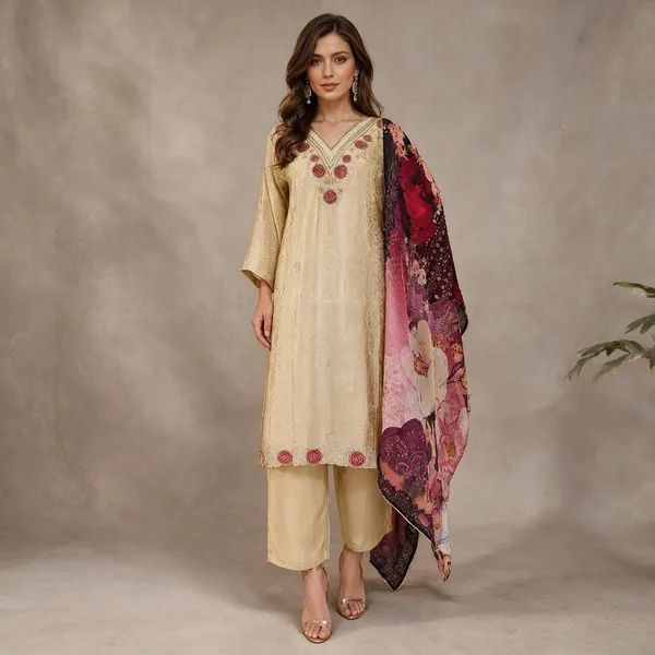 Cream_And_Pink_Jacquard_Jacquard_Kurta_Set_For_Women