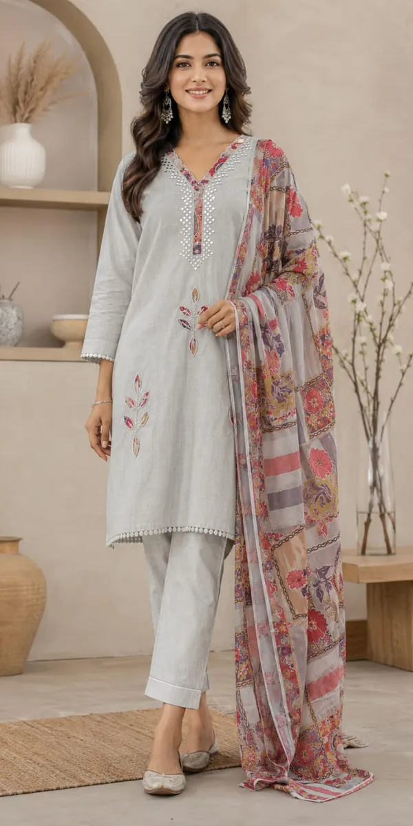 White_And_Grey_Jamdani_Jamdani_Kurta_Set_For_Women