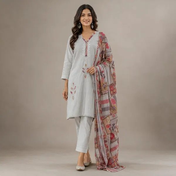 White_And_Grey_Jamdani_Jamdani_Kurta_Set_For_Women