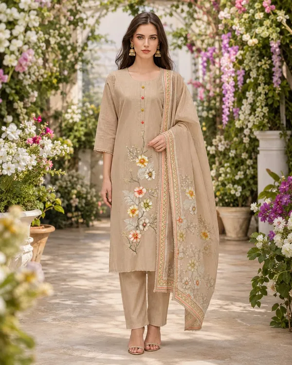 Beige_Jamdani_Jamdani_Kurta_For_Women