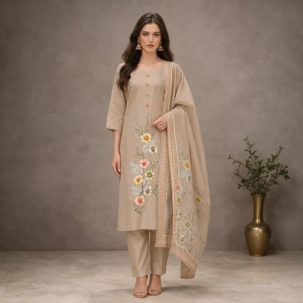 Beige_Jamdani_Jamdani_Kurta_For_Women
