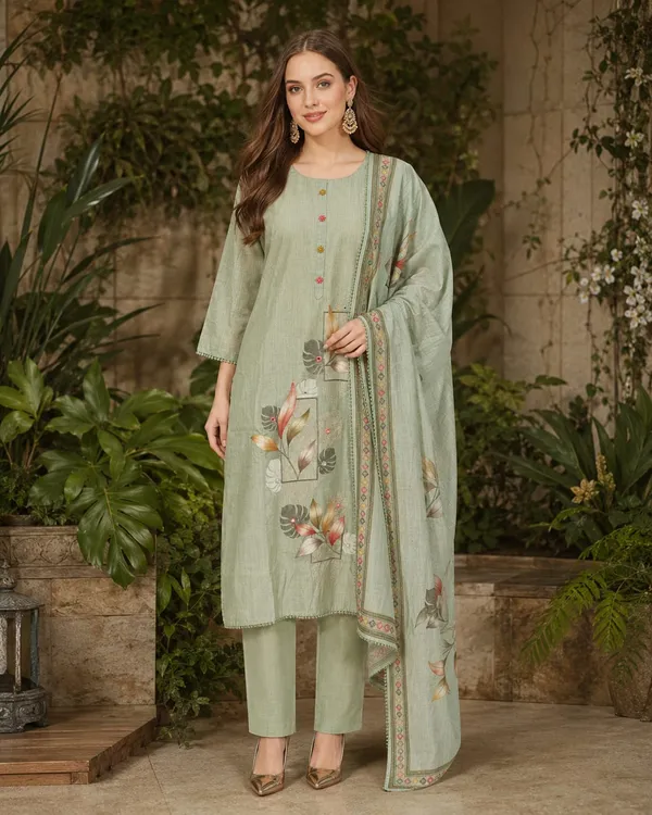 Sage_Green_And_Red_Jamdani_Jamdani_Kurta_Set_For_Women