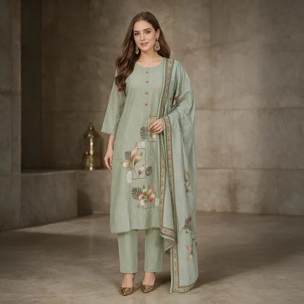 Sage_Green_And_Red_Jamdani_Jamdani_Kurta_Set_For_Women