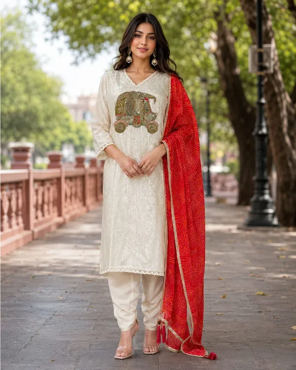 Cream_And_Red_Jacquard_Jacquard_Kurta_Set_For_Women