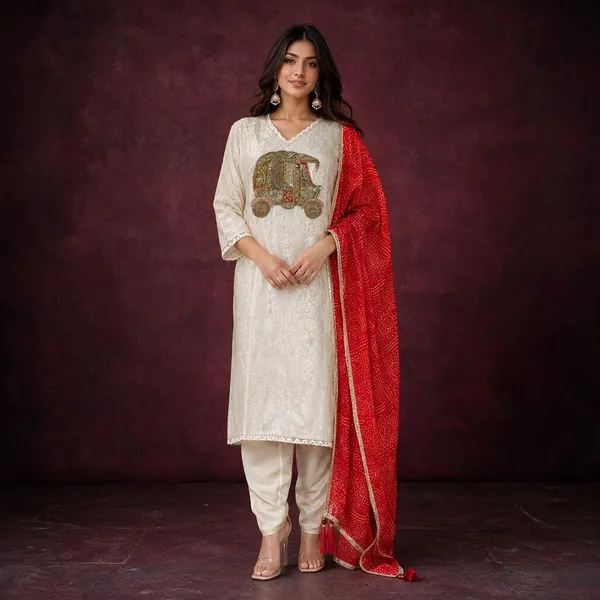 Cream_And_Red_Jacquard_Jacquard_Kurta_Set_For_Women