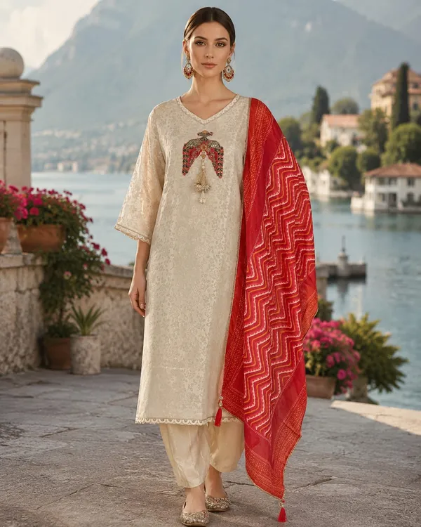 Cream_And_Red_Jacquard_Jacquard_Kurta_Set_For_Women