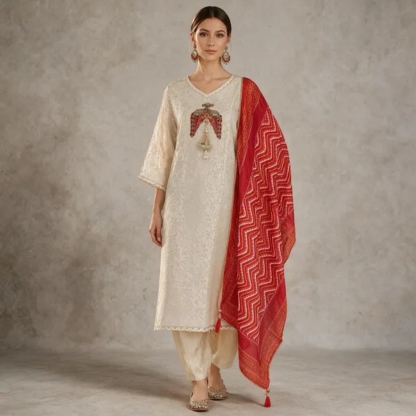 Cream_And_Red_Jacquard_Jacquard_Kurta_Set_For_Women