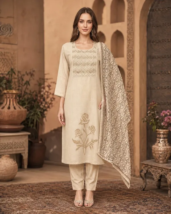 Cream_Jamdani_Jamdani_Kurta_Set_For_Women