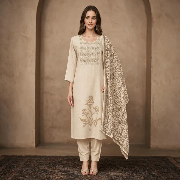 Cream_Jamdani_Jamdani_Kurta_Set_For_Women