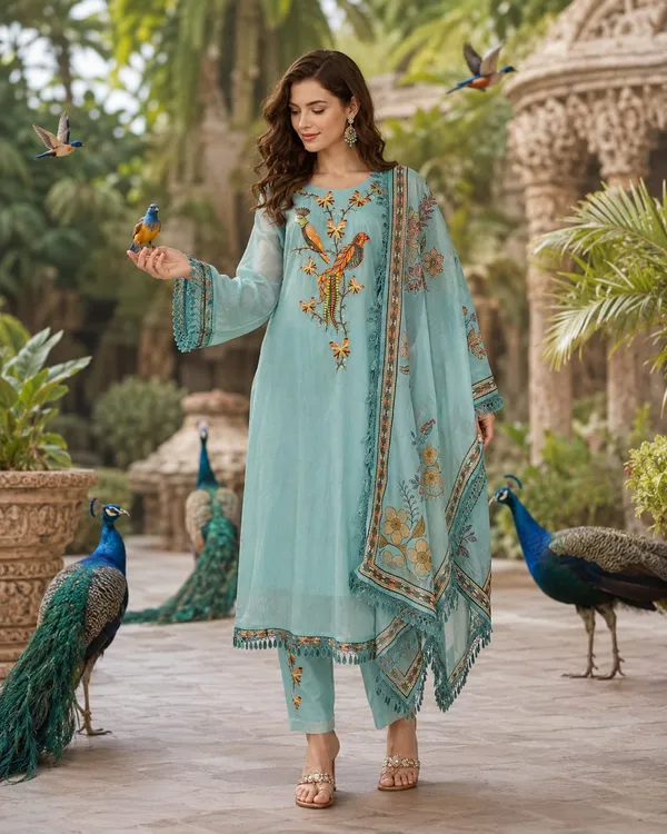 Turquoise_Blue_Mul_Chanderi_Mul_Chanderi_Kurta_Set_For_Women