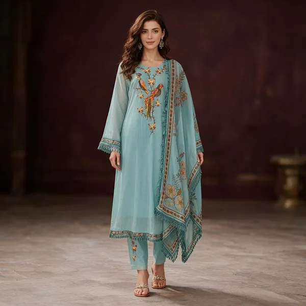 Turquoise_Blue_Mul_Chanderi_Mul_Chanderi_Kurta_Set_For_Women