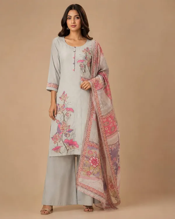 Off_White_And_Pink_Jamdani_Jamdani_Kurta_Set_For_Women