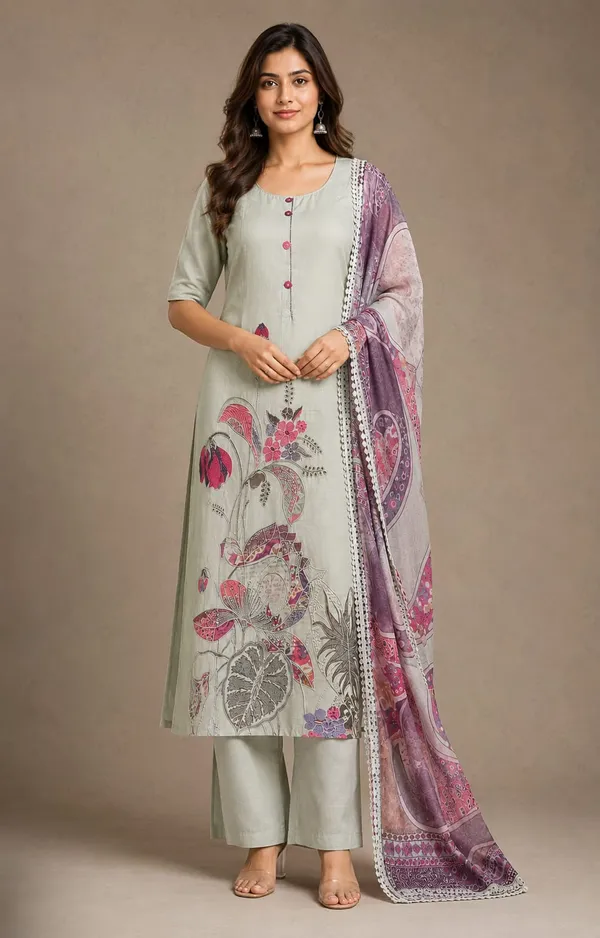Light_Grey_And_Purple_Jamdani_Jamdani_Kurta_Set_For_Women
