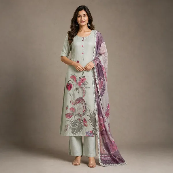Light_Grey_And_Purple_Jamdani_Jamdani_Kurta_Set_For_Women