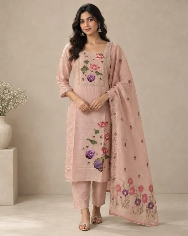 Peach_Pink_Jamdani_Jamdani_Suit_Set_For_Women