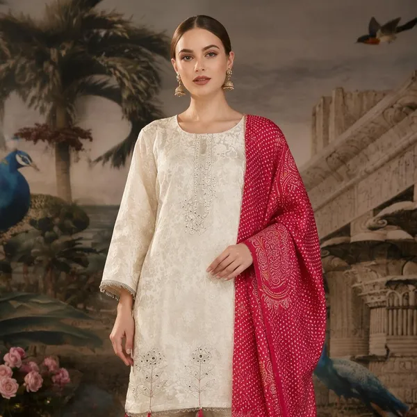 Cream_And_Red_Jacquard_Jacquard_Suit_Set_For_Women