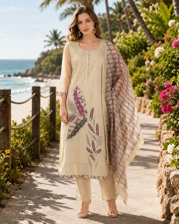 Cream_And_Pink_Jamdani_Jamdani_Suit_Set_For_Women
