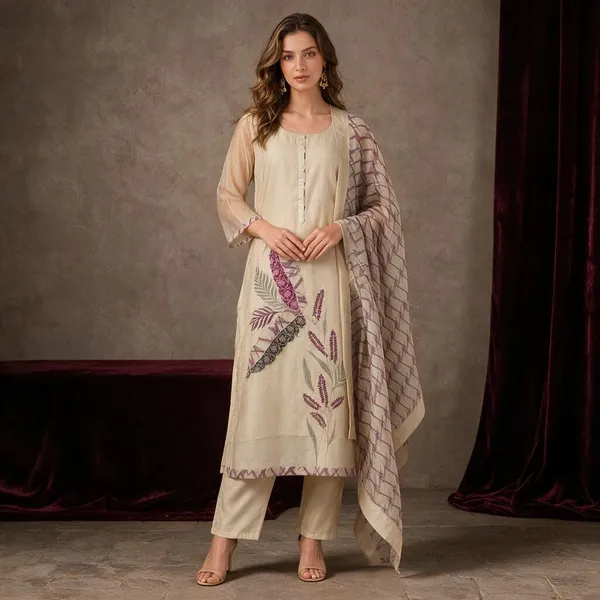 Cream_And_Pink_Jamdani_Jamdani_Suit_Set_For_Women