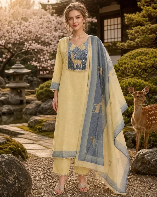 Yellow_And_Blue_Jamdani_Jamdani_Suit_Set_For_Women