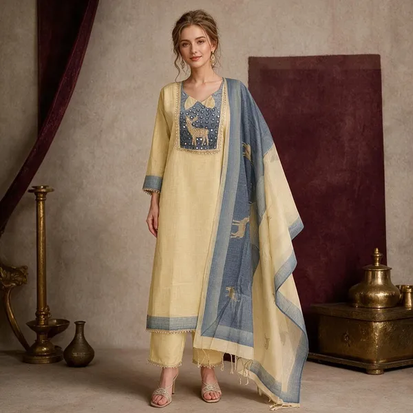 Yellow_And_Blue_Jamdani_Jamdani_Suit_Set_For_Women