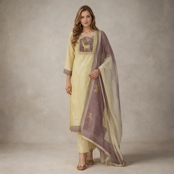 Light_Yellow_And_Lavender_Jamdani_Jamdani_Suit_Set_For_Women