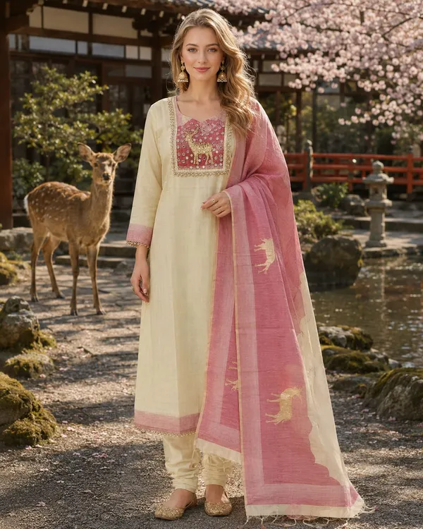 Cream_And_Pink_Jamdani_Jamdani_Suit_Set_For_Women